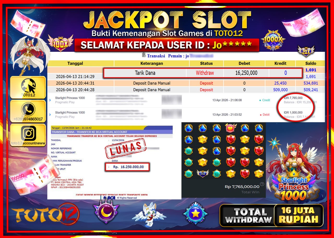 HANYA DI TOTO12 JP PASTI DI BAYAR LUNAS DAN CEPAT!!!!!! JACKPOT SLOT GAME (STARLIGHT PRINCESS 1000) Rp.16.250.000!!!!