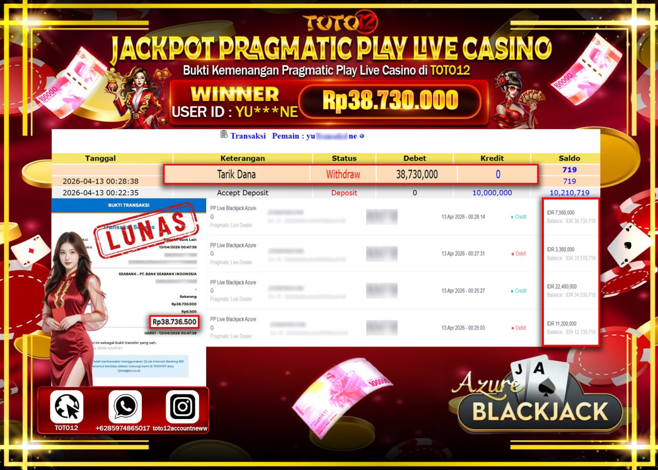 HANYA DI TOTO12 JP PASTI DI BAYAR LUNAS DAN CEPAT!!!!!! JACKPOT PRAGMATIC PLAY LIVE GAME CASINO (PP LIVE BLACK AZURE) Rp.38.730.000!!!!