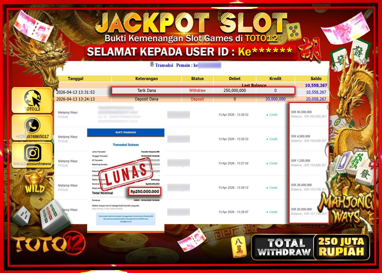HANYA DI TOTO12 JP PASTI DI BAYAR LUNAS DAN CEPAT!!!!!! JACKPOT SLOT GAME (MAHJONG WAYS) Rp.250.000.000!!!!