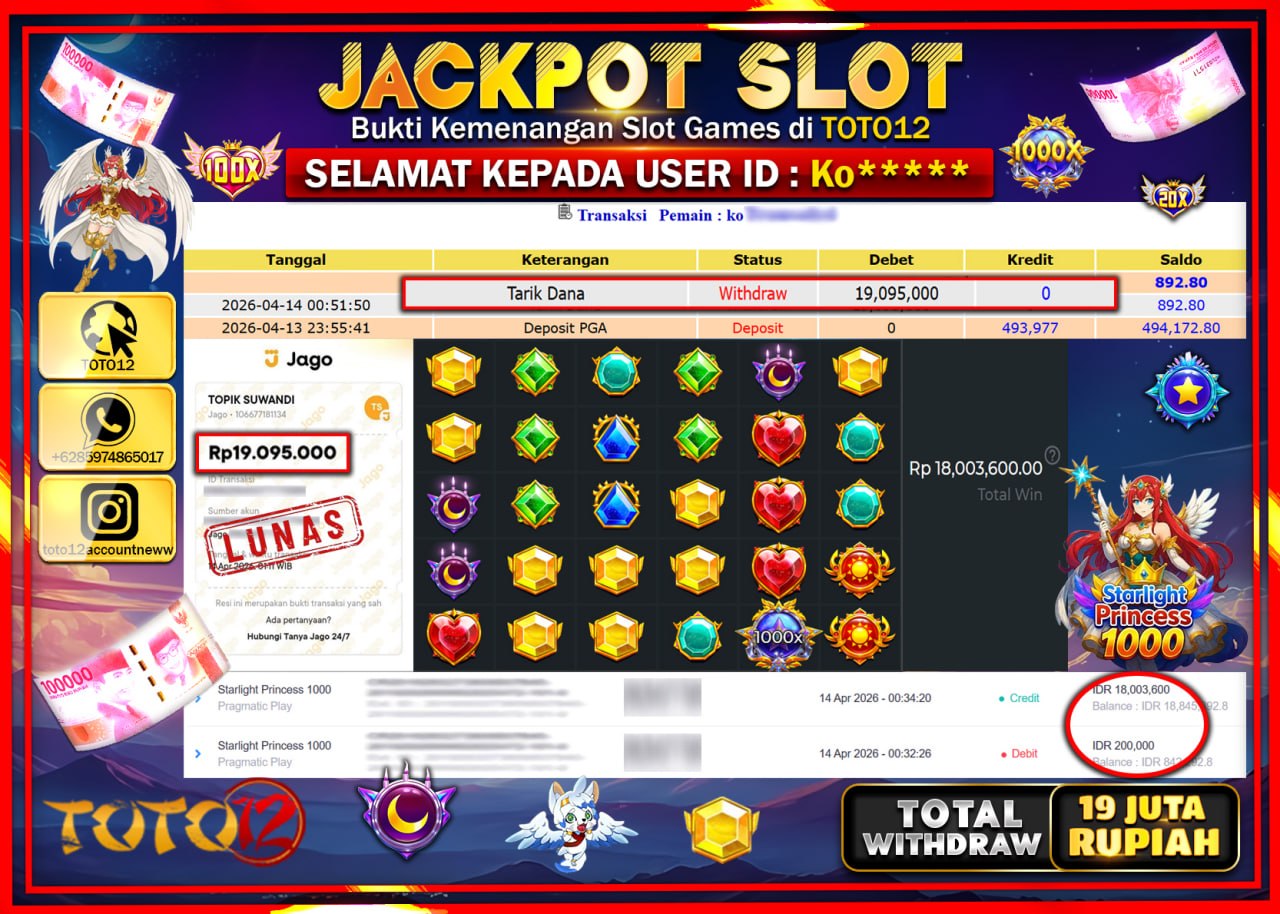 HANYA DI TOTO12 JP PASTI DI BAYAR LUNAS DAN CEPAT!!!!!! JACKPOT SLOT GAME (STARLIGHT PRINCESS 1000) Rp.19.095.000!!!!
