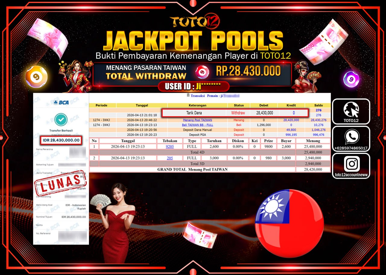 HANYA DI TOTO12 JP PASTI DI BAYAR LUNAS DAN CEPAT!!!!!! JACKPOT POOLS PASARAN ( TAIWAN ) Rp.28.430.000!!!!