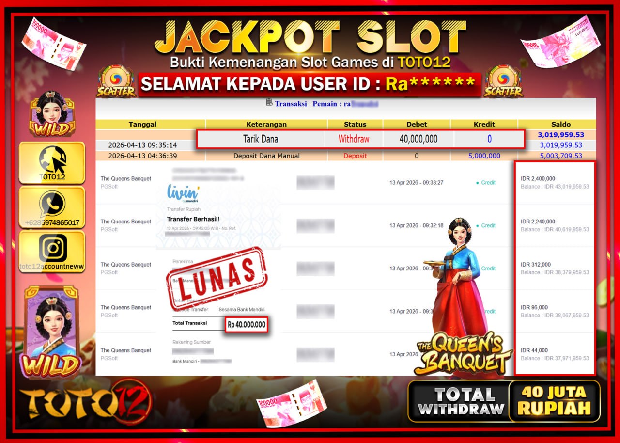 HANYA DI TOTO12 JP PASTI DI BAYAR LUNAS DAN CEPAT!!!!!! JACKPOT SLOT GAME (THE QUEENS BANGUET) Rp.40.000.000!!!!