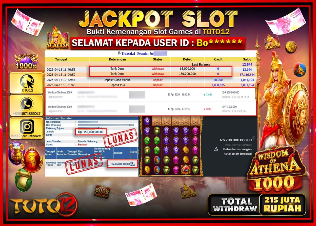 HANYA DI TOTO12 JP PASTI DI BAYAR LUNAS DAN CEPAT!!!!!! JACKPOT SLOT GAME (WISDOM OF ATHENA 1000) Rp.215.000.000!!!!