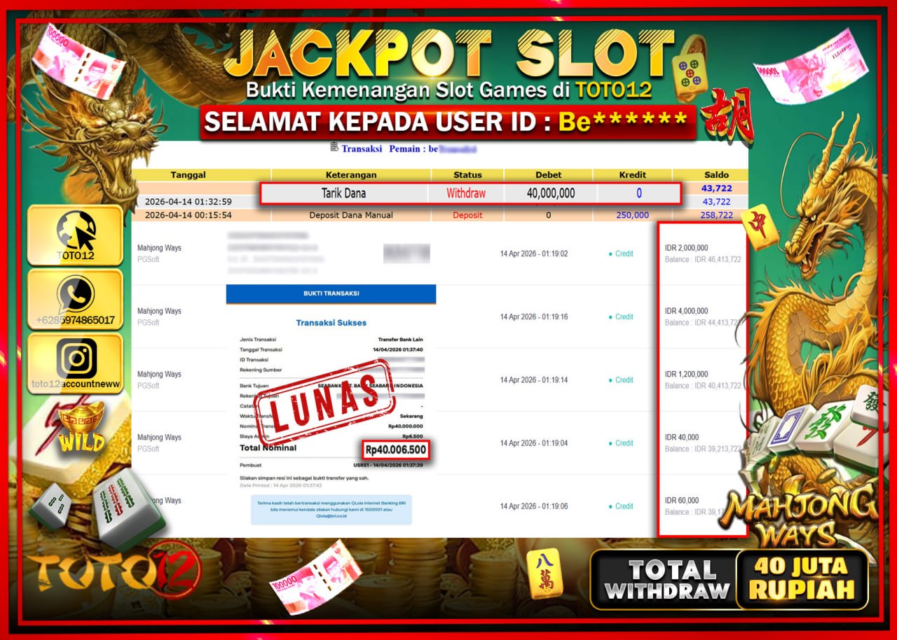 HANYA DI TOTO12 JP PASTI DI BAYAR LUNAS DAN CEPAT!!!!!! JACKPOT SLOT GAME (MAHJONG WAYS) Rp.40.000.000!!!!