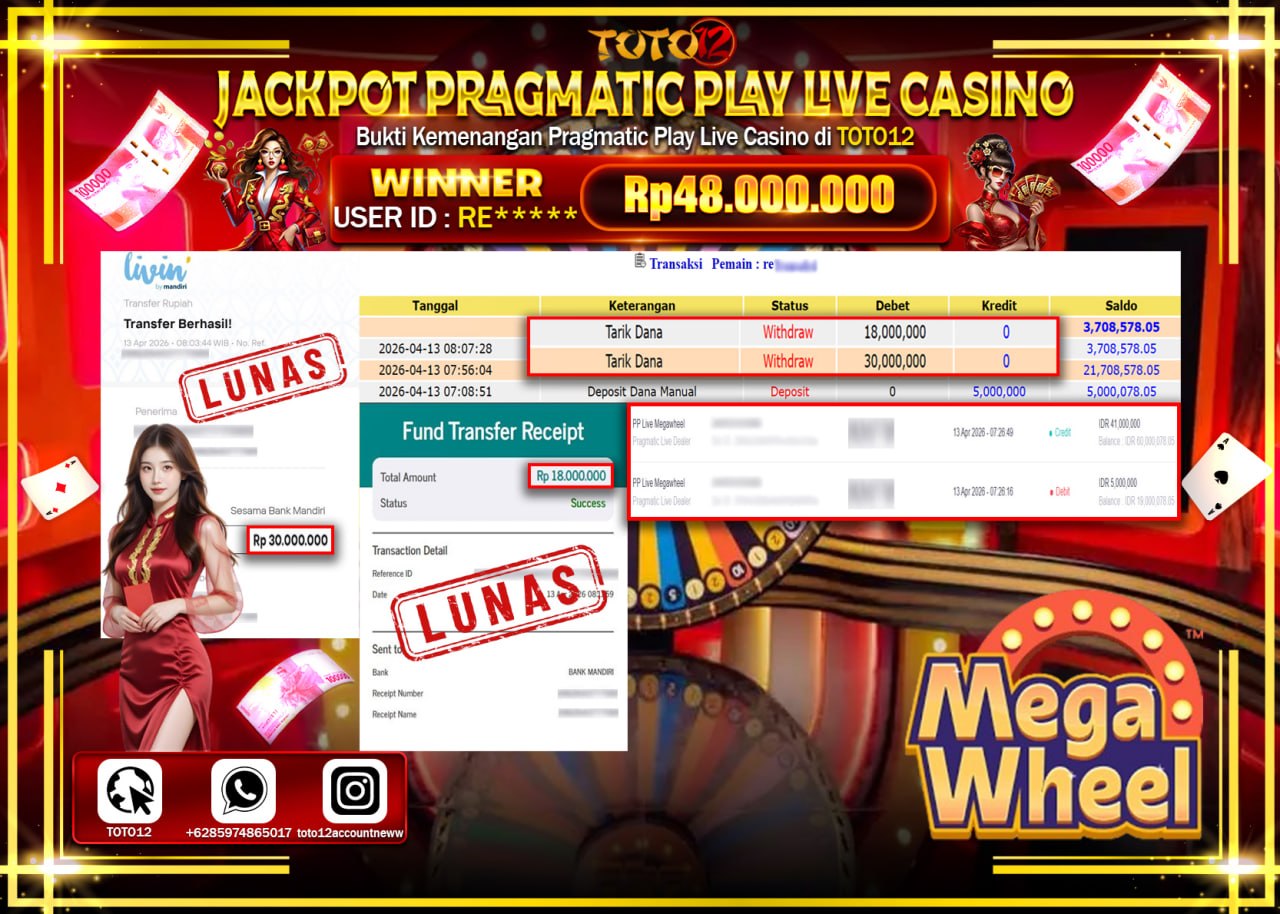 HANYA DI TOTO12 JP PASTI DI BAYAR LUNAS DAN CEPAT!!!!!! JACKPOT PRAGMATIC PLAY LIVE GAME CASINO (PP LIVE MEGAWHEEL) Rp.48.000.000!!!!