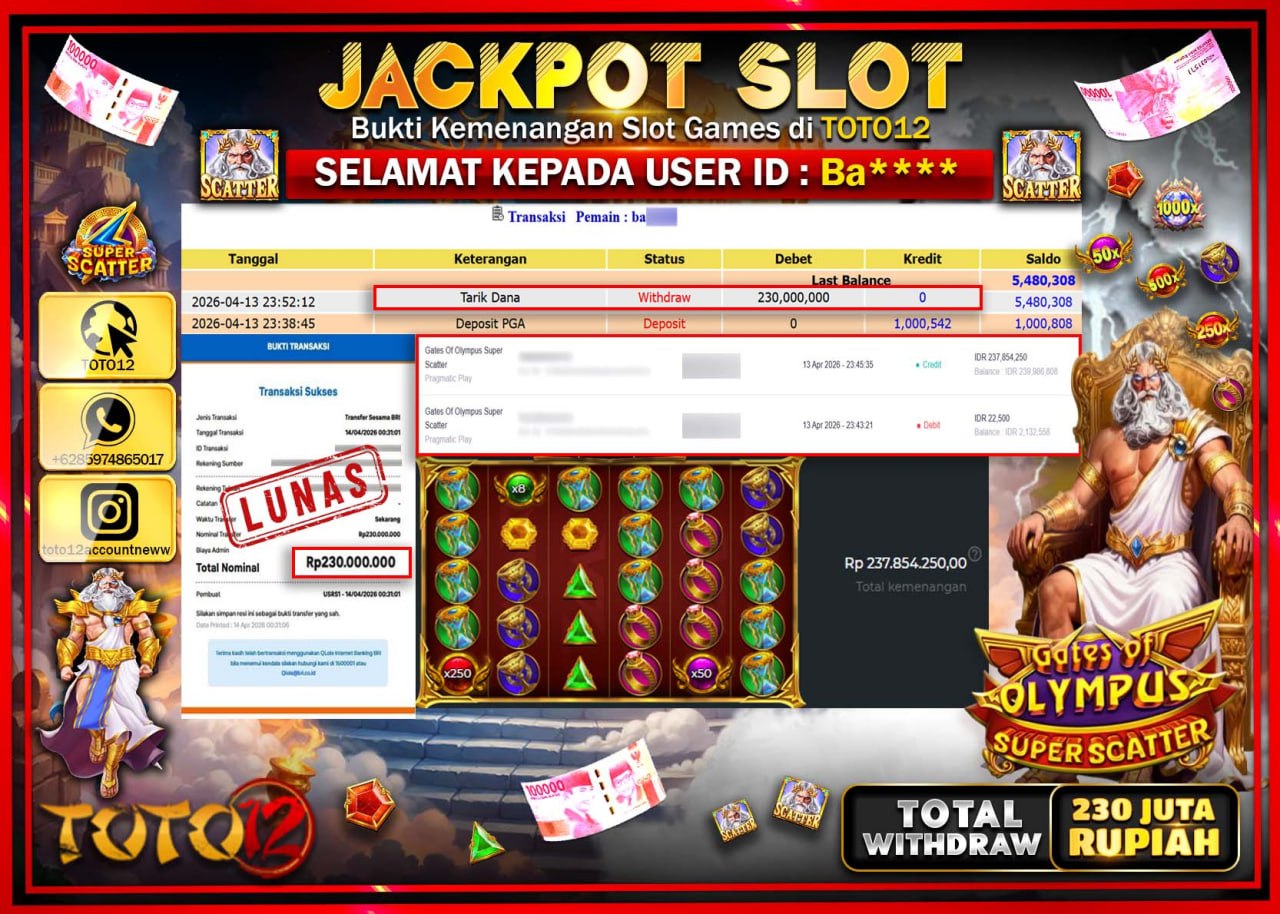 HANYA DI TOTO12 JP PASTI DI BAYAR LUNAS DAN CEPAT!!!!!! JACKPOT SLOT GAME (GATES OF OLYMPUS SUPER SCATTER) Rp.230.000.000!!!!