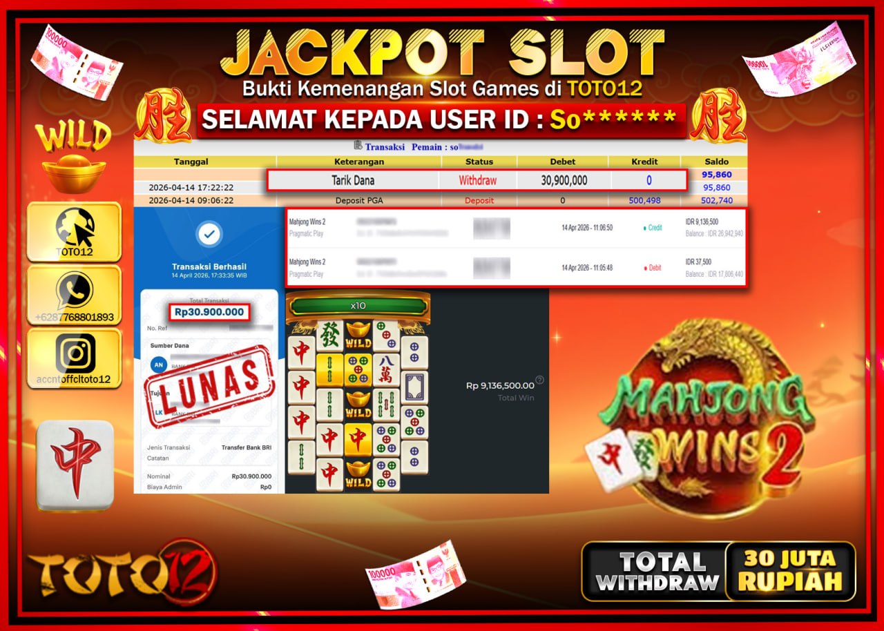 HANYA DI TOTO12 JP PASTI DI BAYAR LUNAS DAN CEPAT!!!!!! JACKPOT SLOT GAME (MAHJONG WINS 2) Rp.30.990.000!!!!