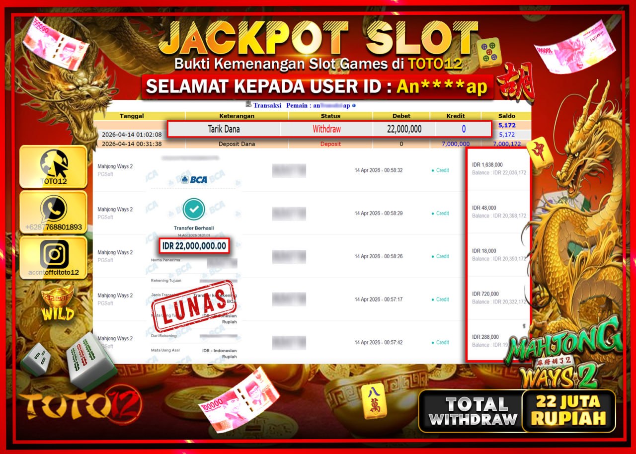 HANYA DI TOTO12 JP PASTI DI BAYAR LUNAS DAN CEPAT!!!!!! JACKPOT SLOT GAME (MAHJONG WAYS 2) Rp.22.000.000!!!!
