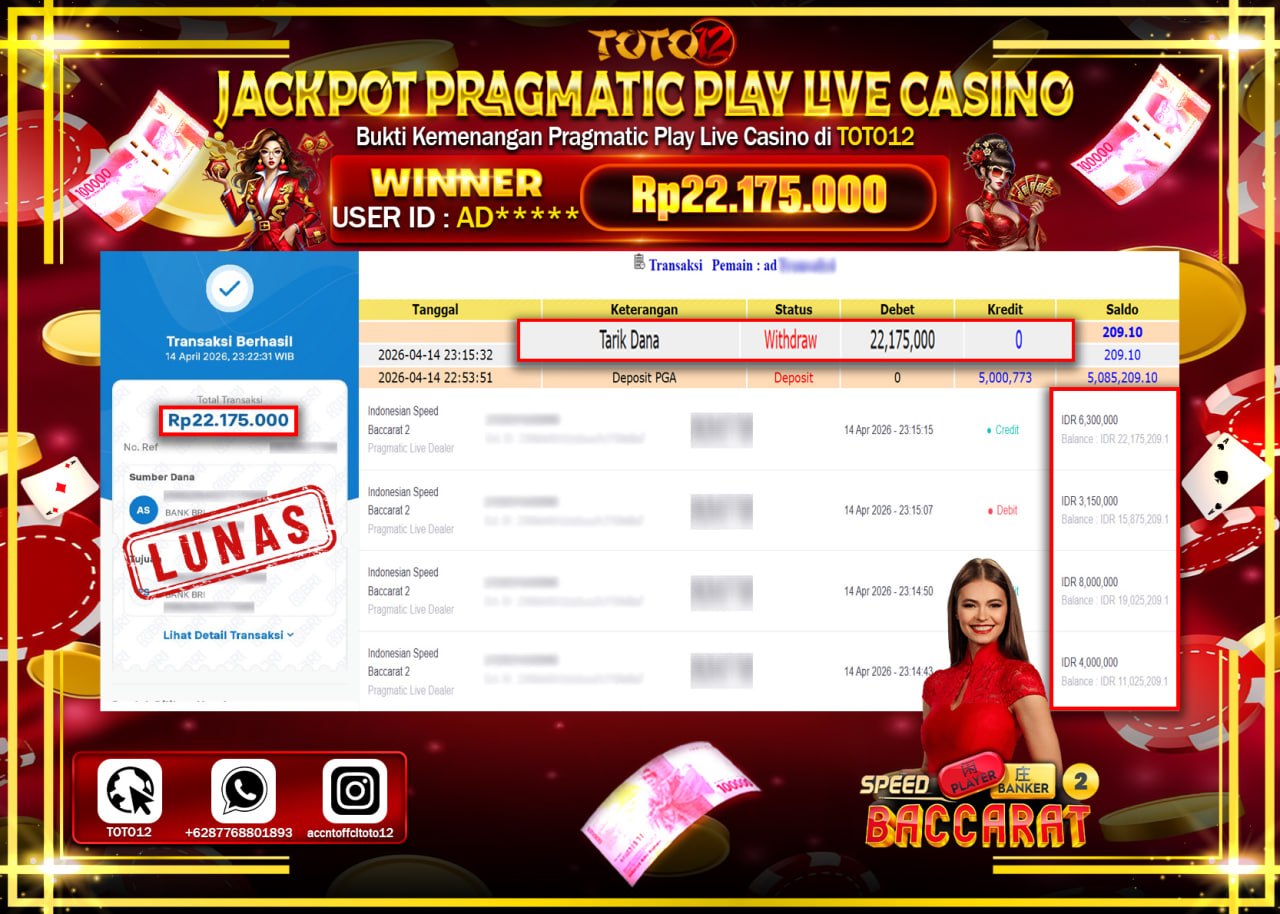 HANYA DI TOTO12 JP PASTI DI BAYAR LUNAS DAN CEPAT!!!!!! JACKPOT PRAGMATIC PLAY LIVE GAME CASINO (INDONESIA SPEED BACCARAT 2) Rp.22.175.000!!!!