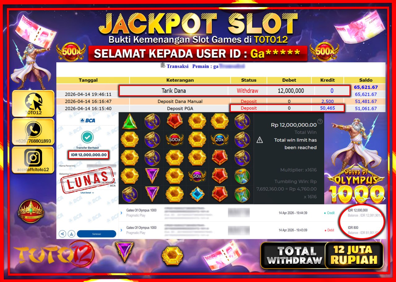 HANYA DI TOTO12 JP PASTI DI BAYAR LUNAS DAN CEPAT!!!!!! JACKPOT SLOT GAME (GATES OF OLYMPUS 1000) Rp.12.000.000!!!!