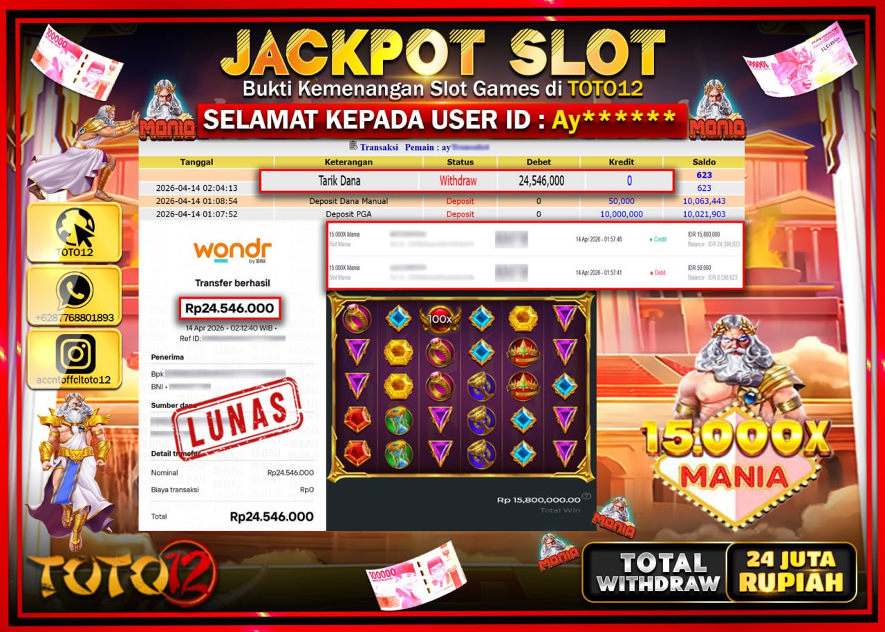 HANYA DI TOTO12 JP PASTI DI BAYAR LUNAS DAN CEPAT!!!!!! JACKPOT SLOT GAME (15.000 X MANIA) Rp.24.546.000!!!!