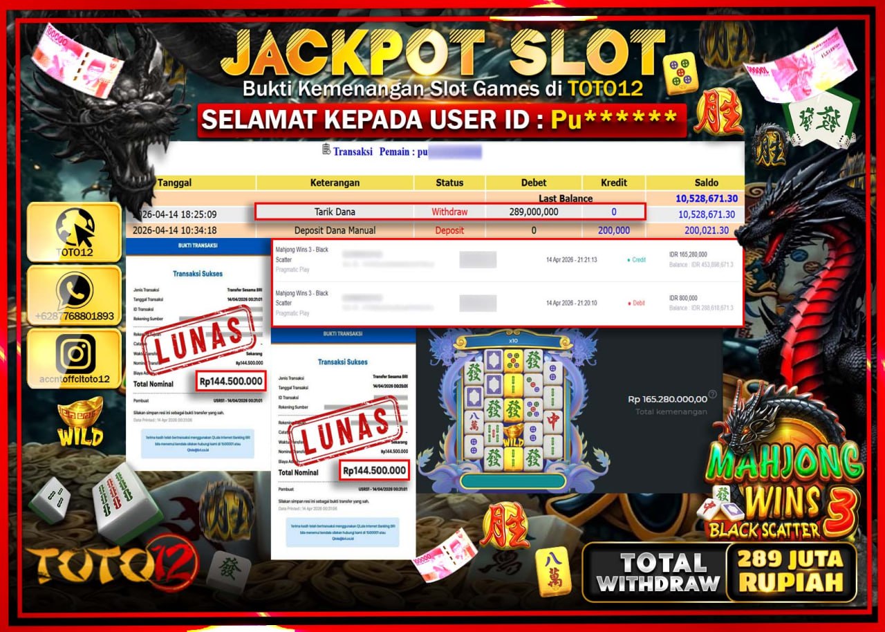HANYA DI TOTO12 JP PASTI DI BAYAR LUNAS DAN CEPAT!!!!!! JACKPOT SLOT GAME (MAHJONG WINS 3 BLACK SCATTER) Rp.289.000.000!!!!
