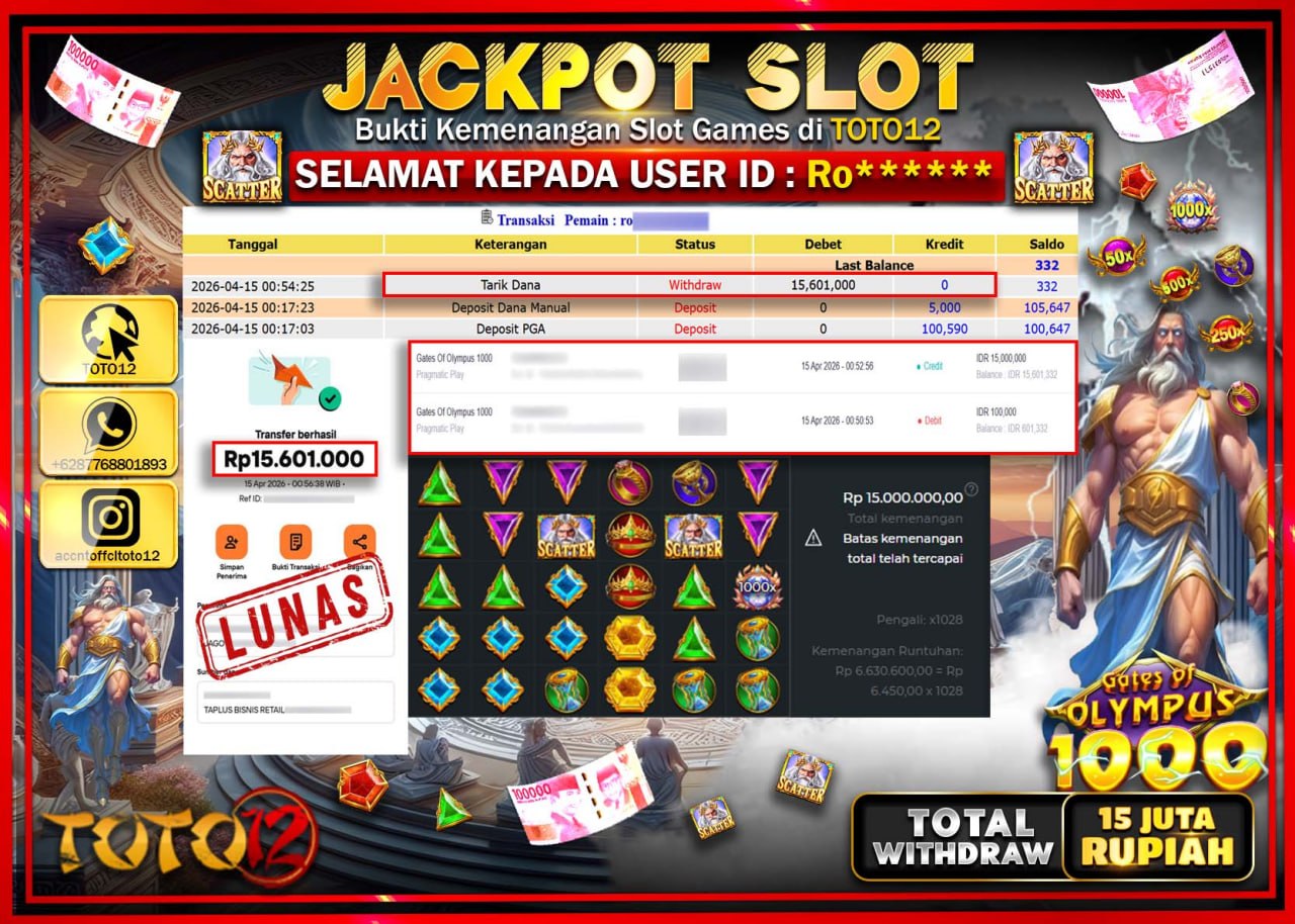 HANYA DI TOTO12 JP PASTI DI BAYAR LUNAS DAN CEPAT!!!!!! JACKPOT SLOT GAME (GATES OF OLYMPUS 1000) Rp.15.601.000!!!!