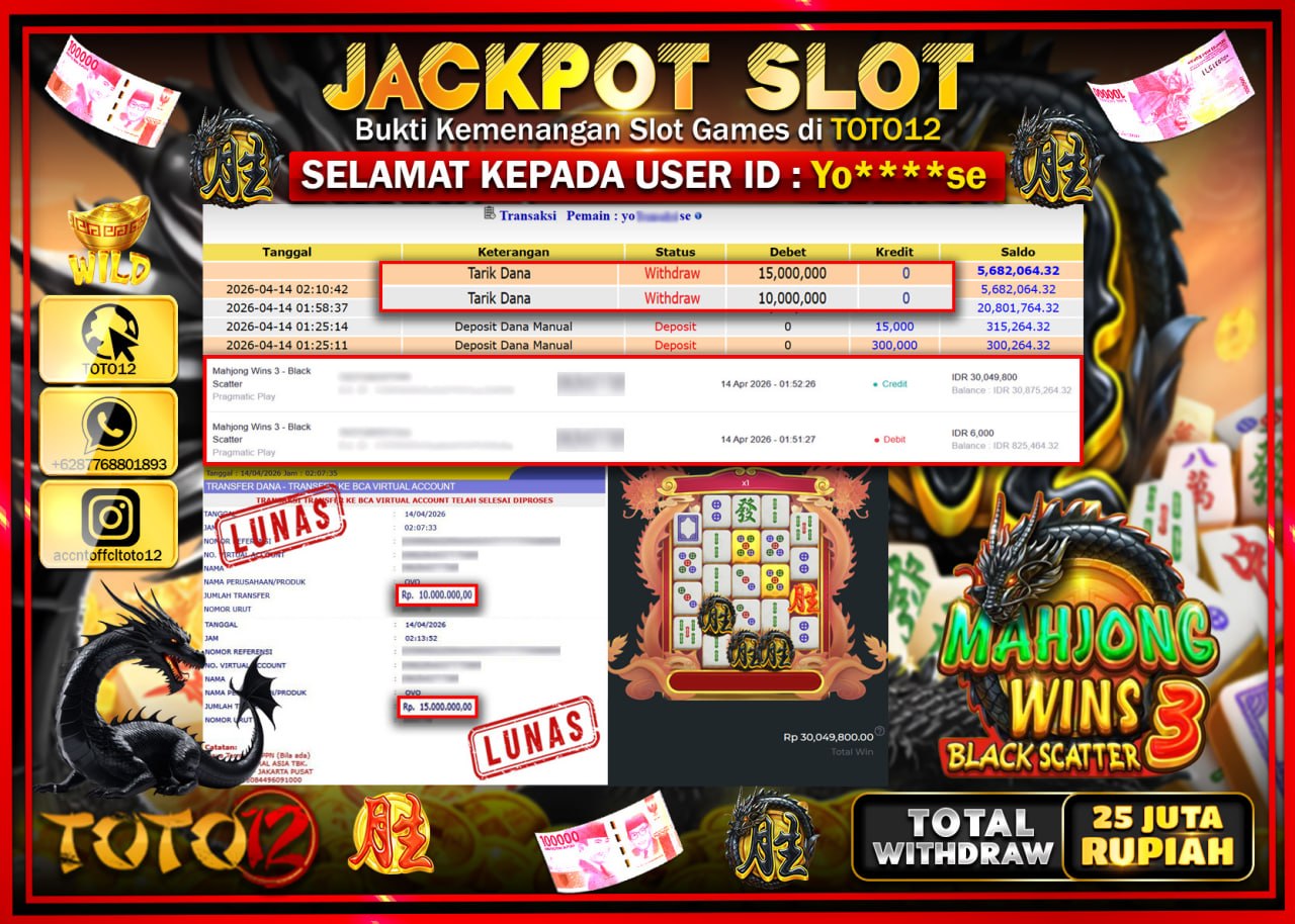 HANYA DI TOTO12 JP PASTI DI BAYAR LUNAS DAN CEPAT!!!!!! JACKPOT SLOT GAME (MAHJONG WINS 3 BLACK SCATTER) Rp.25.000.000!!!!