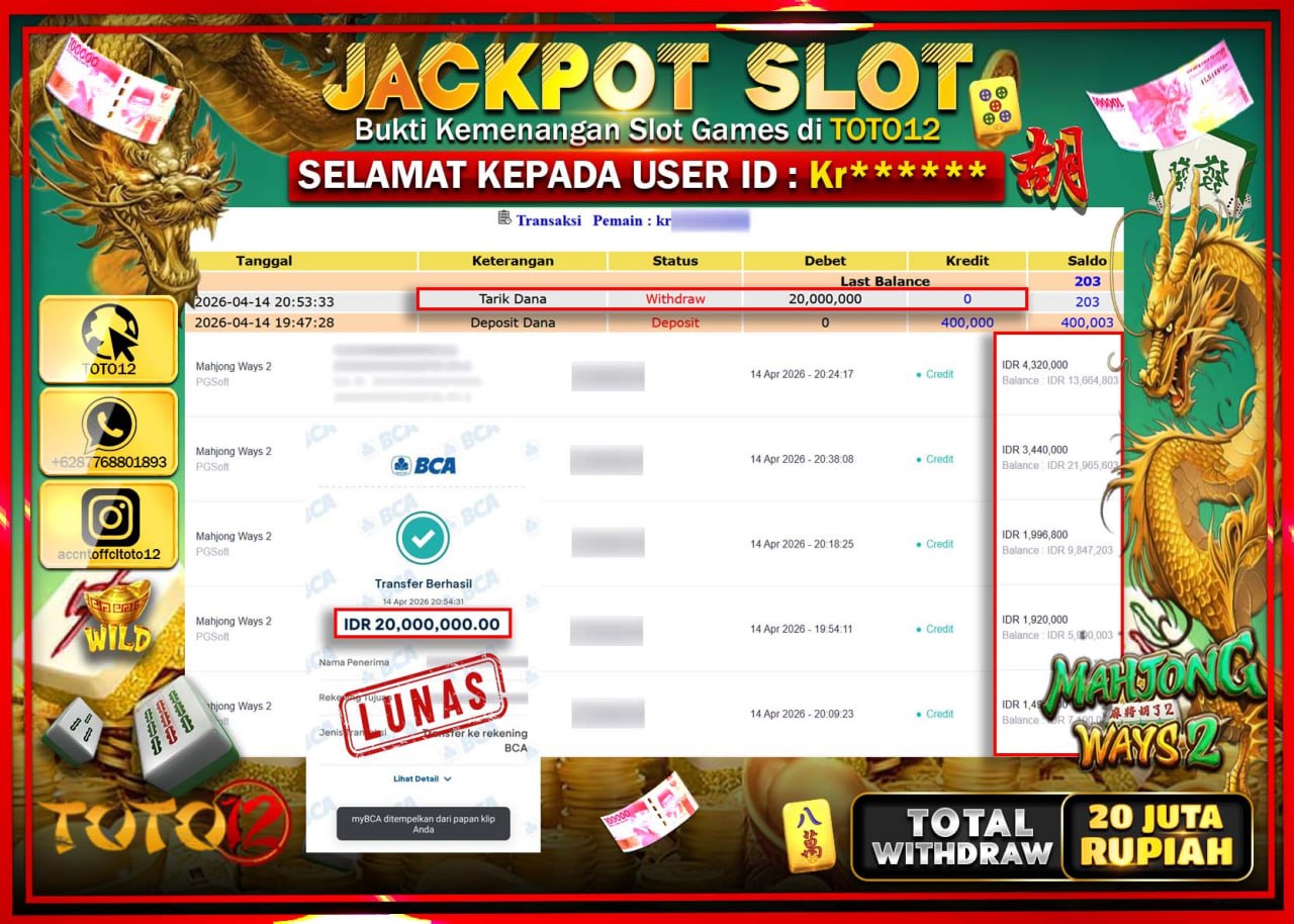 HANYA DI TOTO12 JP PASTI DI BAYAR LUNAS DAN CEPAT!!!!!! JACKPOT SLOT GAME (MAHJONG WAYS 2) Rp.20.000.000!!!!