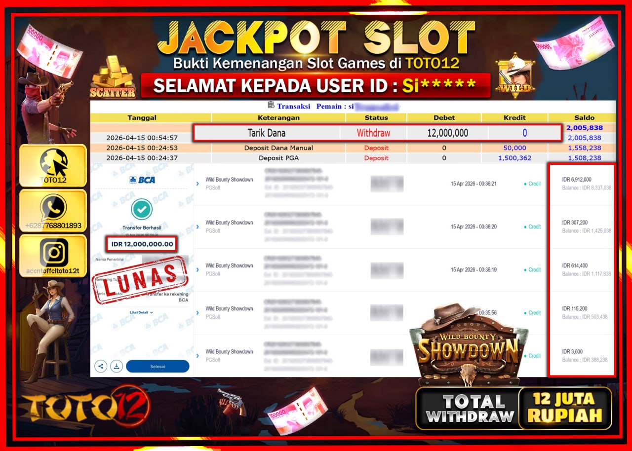 HANYA DI TOTO12 JP PASTI DI BAYAR LUNAS DAN CEPAT!!!!!! JACKPOT SLOT GAME (WILD BOUNTY SHOWDOWN) Rp.12.000.000!!!!