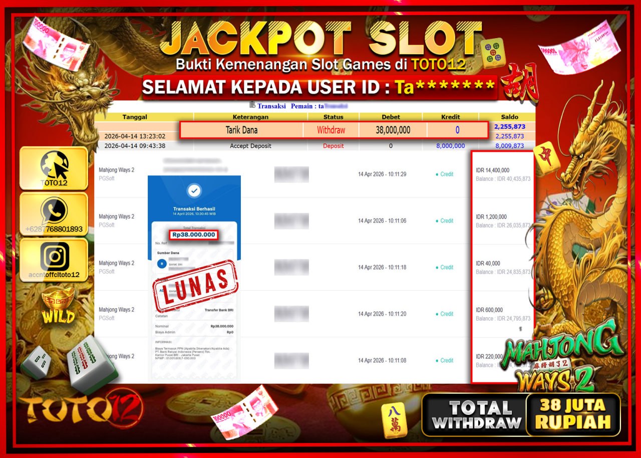 HANYA DI TOTO12 JP PASTI DI BAYAR LUNAS DAN CEPAT!!!!!! JACKPOT SLOT GAME (MAHJONG WAYS 2) Rp.38.000.000!!!!