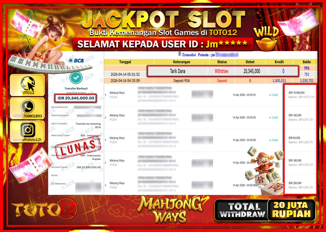HANYA DI TOTO12 JP PASTI DI BAYAR LUNAS DAN CEPAT!!!!!! JACKPOT SLOT GAME (MAHJONG WAYS) Rp.20.545.000!!!!