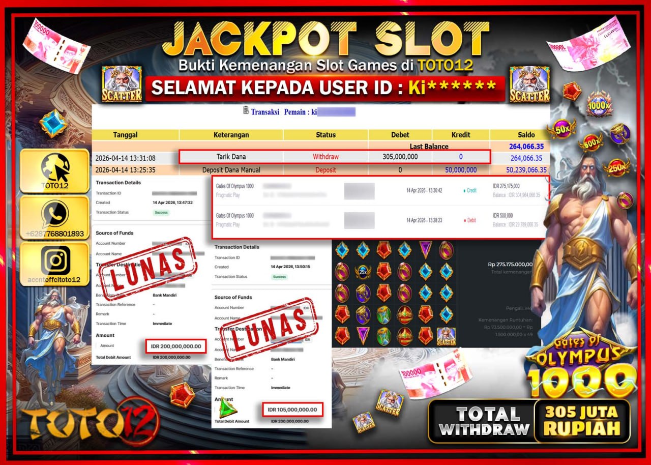 HANYA DI TOTO12 JP PASTI DI BAYAR LUNAS DAN CEPAT!!!!!! JACKPOT SLOT GAME (GATES OF OLYMPUS 1000) Rp.305.000.000!!!!