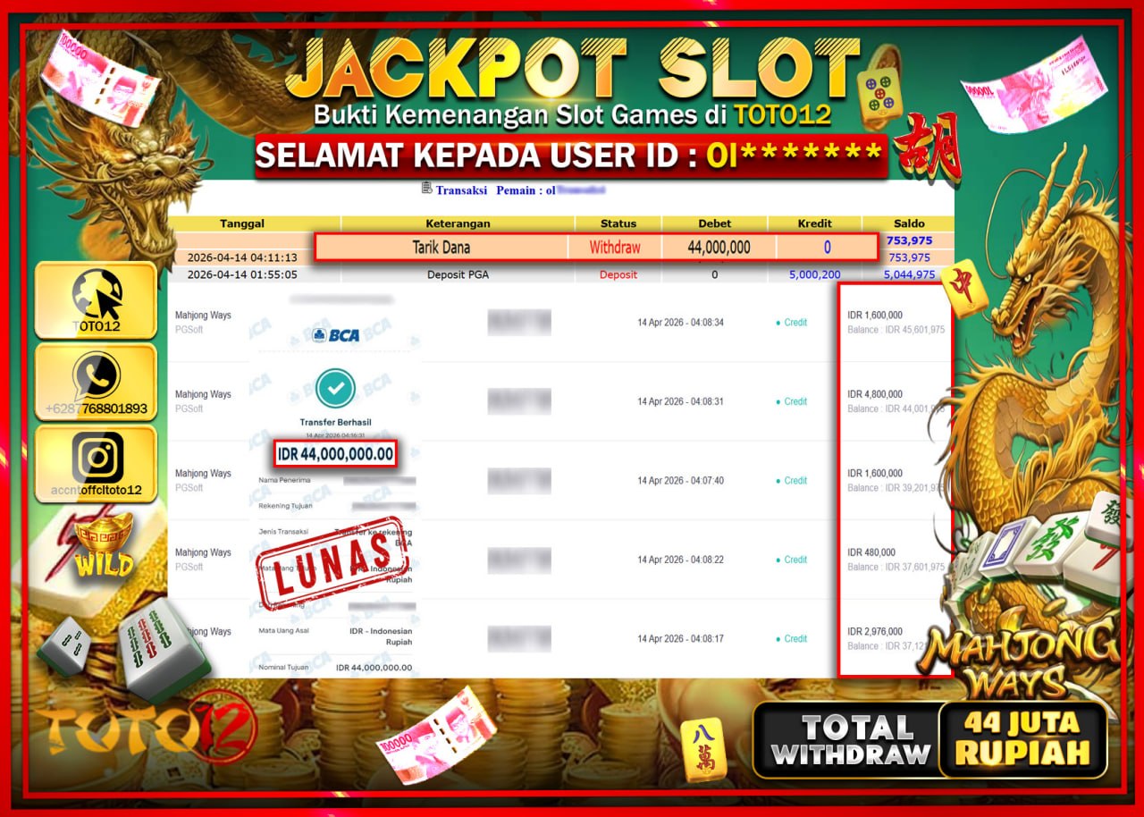 HANYA DI TOTO12 JP PASTI DI BAYAR LUNAS DAN CEPAT!!!!!! JACKPOT SLOT GAME (MAHJONG WAYS) Rp.44.000.000!!!!