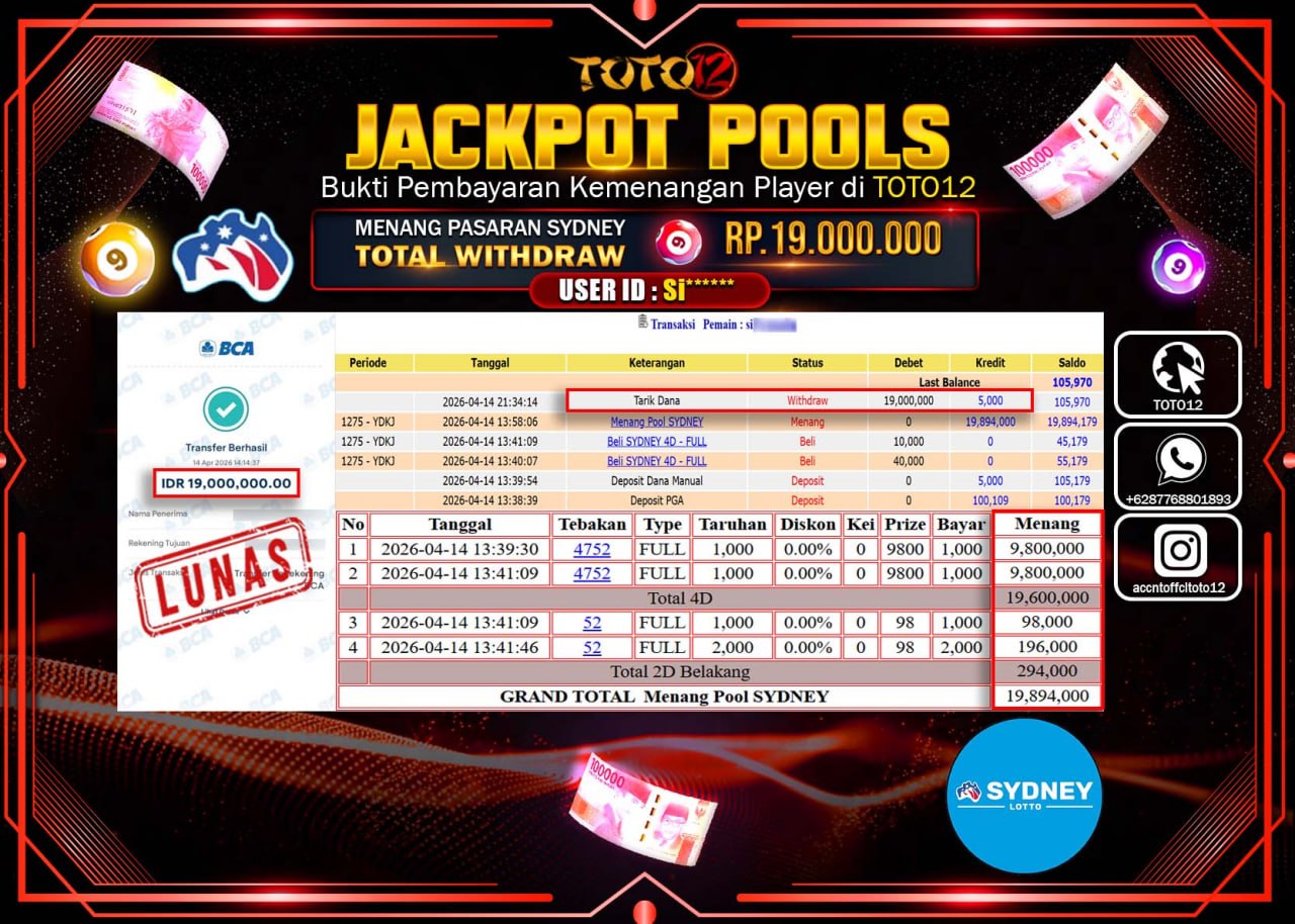 HANYA DI TOTO12 JP PASTI DI BAYAR LUNAS DAN CEPAT!!!!!! JACKPOT POOLS PASARAN( SYDNEY ) Rp.19.000.000!!!!