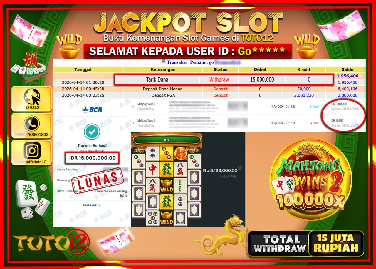 HANYA DI TOTO12 JP PASTI DI BAYAR LUNAS DAN CEPAT!!!!!! JACKPOT SLOT GAME (MAHJONG WINS 2) Rp.15.000.000!!!!