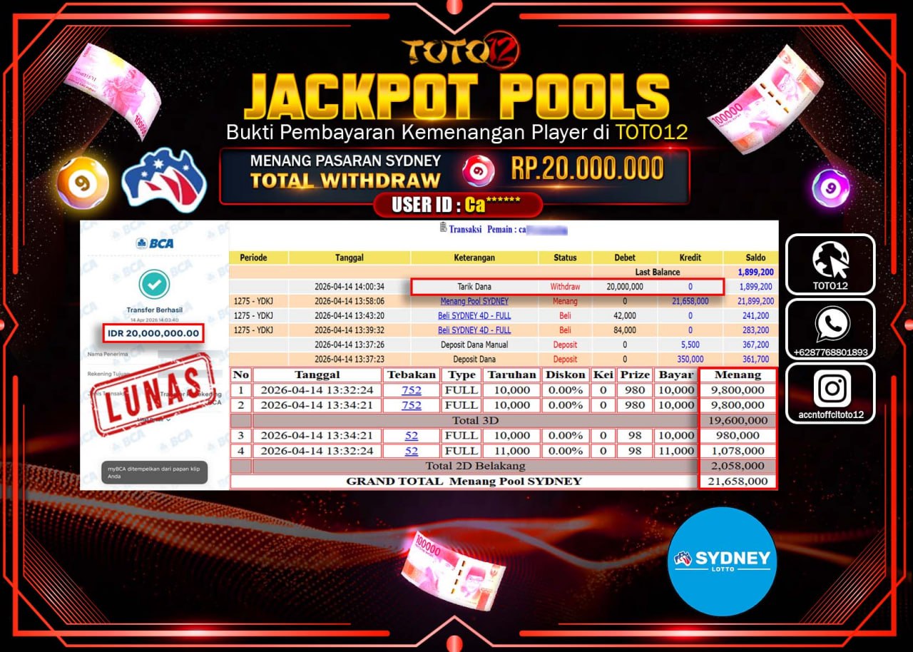 HANYA DI TOTO12 JP PASTI DI BAYAR LUNAS DAN CEPAT!!!!!! JACKPOT POOLS PASARAN( SYDNEY ) Rp.20.000.000!!!!
