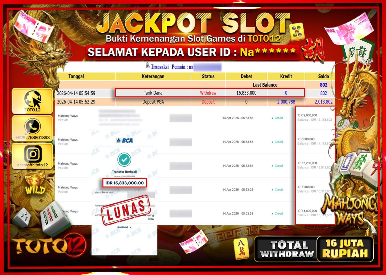 HANYA DI TOTO12 JP PASTI DI BAYAR LUNAS DAN CEPAT!!!!!! JACKPOT SLOT GAME (MAHJONG WAYS) Rp.16.833.000!!!!