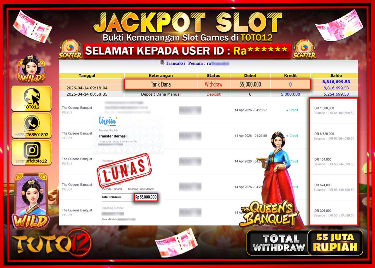 HANYA DI TOTO12 JP PASTI DI BAYAR LUNAS DAN CEPAT!!!!!! JACKPOT SLOT GAME (THE QUEENS BANGUET) Rp.55.000.000!!!!