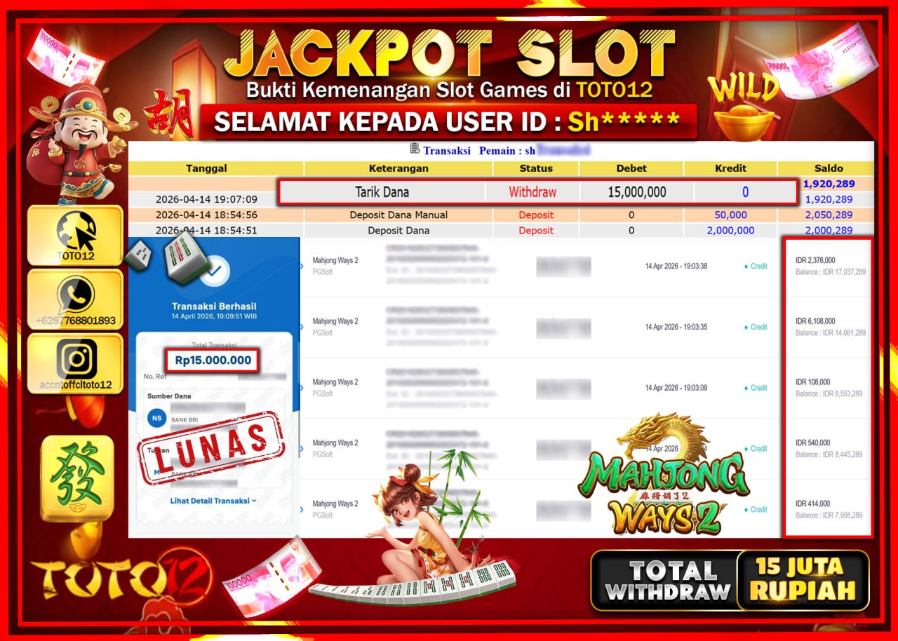 HANYA DI TOTO12 JP PASTI DI BAYAR LUNAS DAN CEPAT!!!!!! JACKPOT SLOT GAME (MAHJONG WAYS 2) Rp.15.000.000!!!!