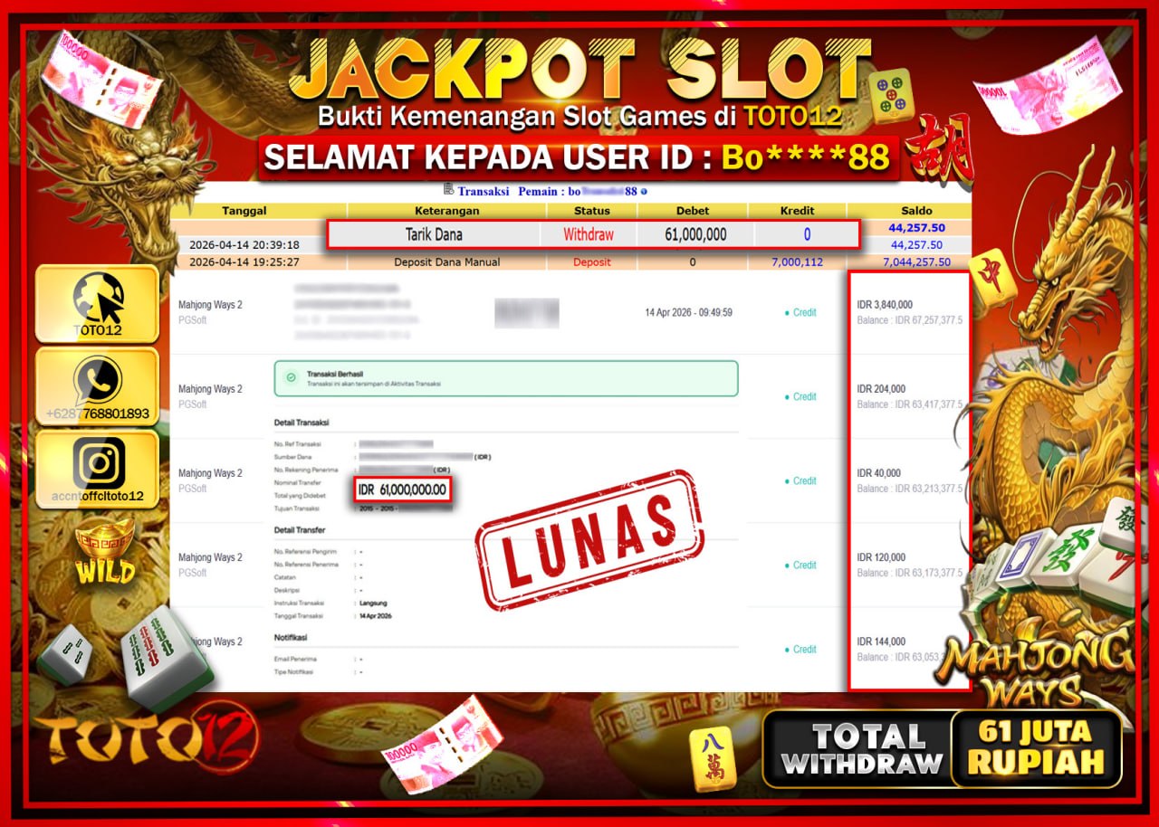 HANYA DI TOTO12 JP PASTI DI BAYAR LUNAS DAN CEPAT!!!!!! JACKPOT SLOT GAME (MAHJONG WAYS 2) Rp.61.000.000!!!!