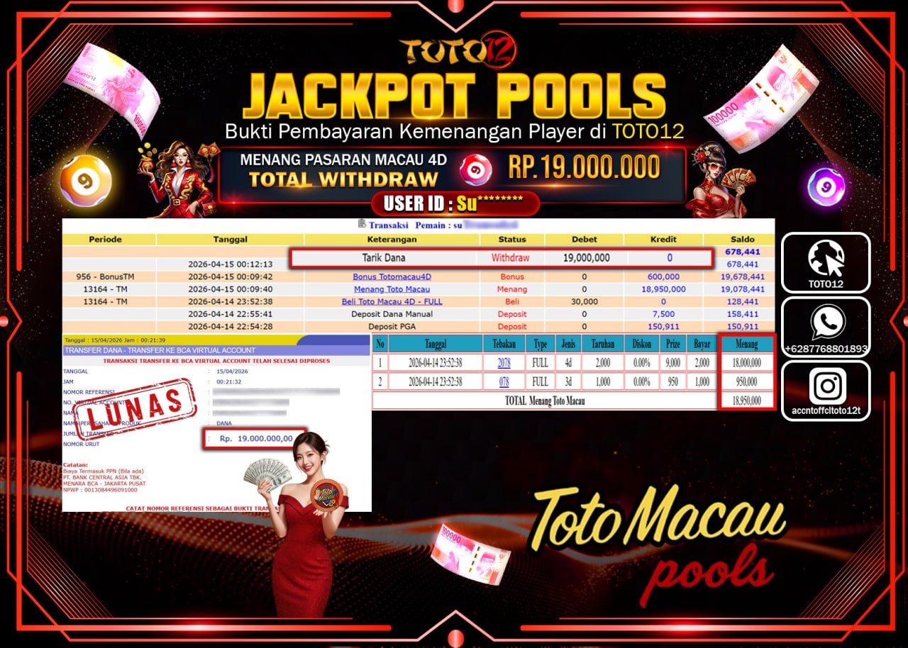 HANYA DI TOTO12 JP PASTI DI BAYAR LUNAS DAN CEPAT!!!!!! JACKPOT POOLS PASARAN(MACAU 4D) Rp.19.000.000!!!!