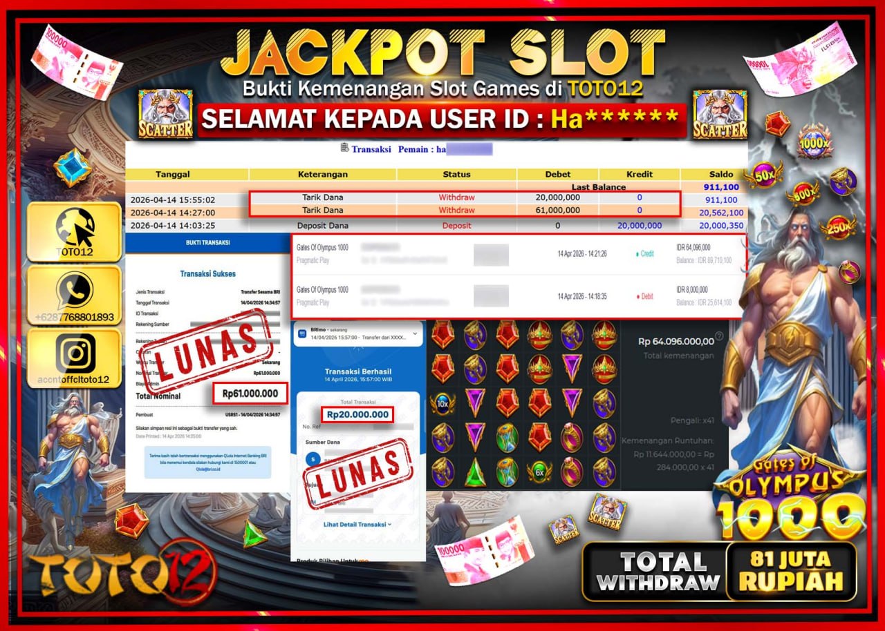 HANYA DI TOTO12 JP PASTI DI BAYAR LUNAS DAN CEPAT!!!!!! JACKPOT SLOT GAME (GATES OF OLYMPUS 1000) Rp.81.000.000!!!!