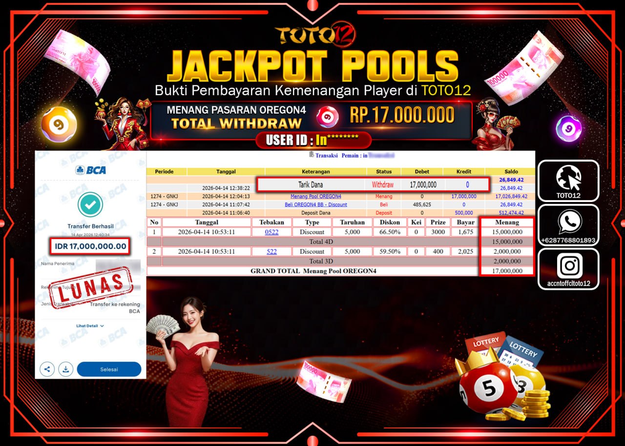 HANYA DI TOTO12 JP PASTI DI BAYAR LUNAS DAN CEPAT!!!!!! JACKPOT POOLS PASARAN( OREGON4 ) Rp.17.000.000!!!!