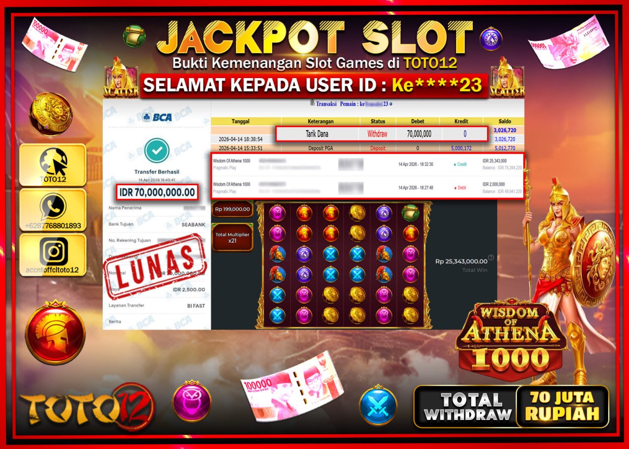 HANYA DI TOTO12 JP PASTI DI BAYAR LUNAS DAN CEPAT!!!!!! JACKPOT SLOT GAME (WISDOM ATHENA 1000) Rp.70.000.000!!!!
