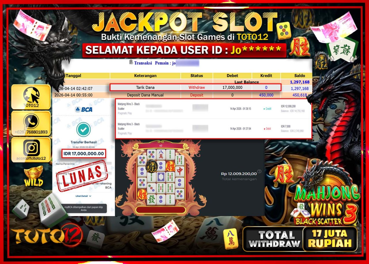 HANYA DI TOTO12 JP PASTI DI BAYAR LUNAS DAN CEPAT!!!!!! JACKPOT SLOT GAME (MAHJONG WINS 3 BLACK SCATTER) Rp.17.000.000!!!!