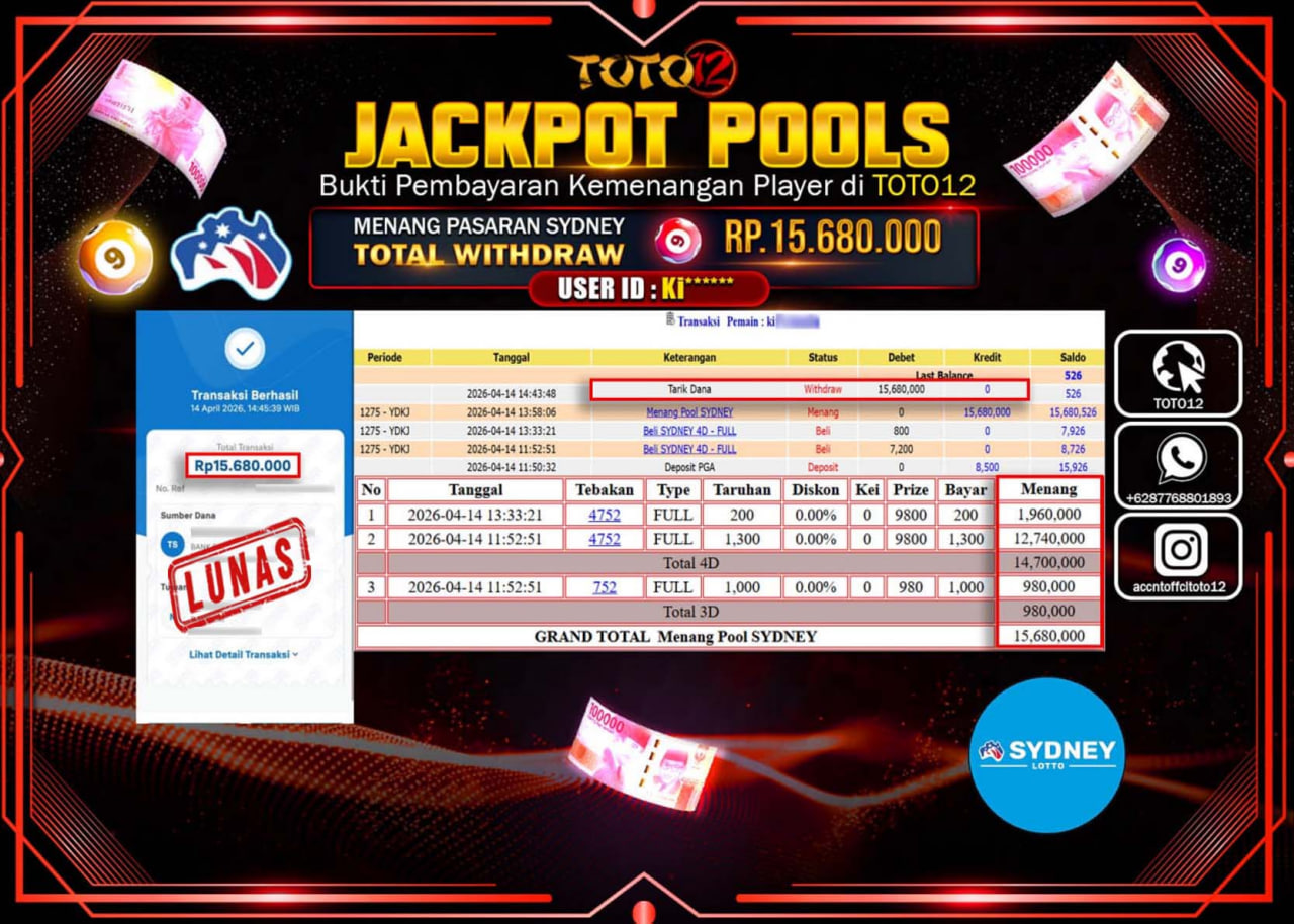 HANYA DI TOTO12 JP PASTI DI BAYAR LUNAS DAN CEPAT!!!!!! JACKPOT POOLS PASARAN( SYDNEY ) Rp.15.680.000!!!!