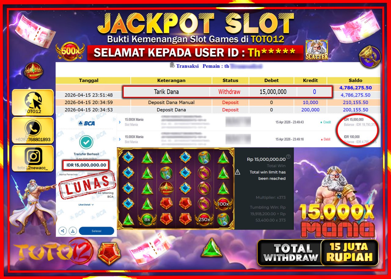 HANYA DI TOTO12 JP PASTI DI BAYAR LUNAS DAN CEPAT!!!!!! JACKPOT SLOT GAME (15.000 X MANIA) Rp.15.000.000!!!!