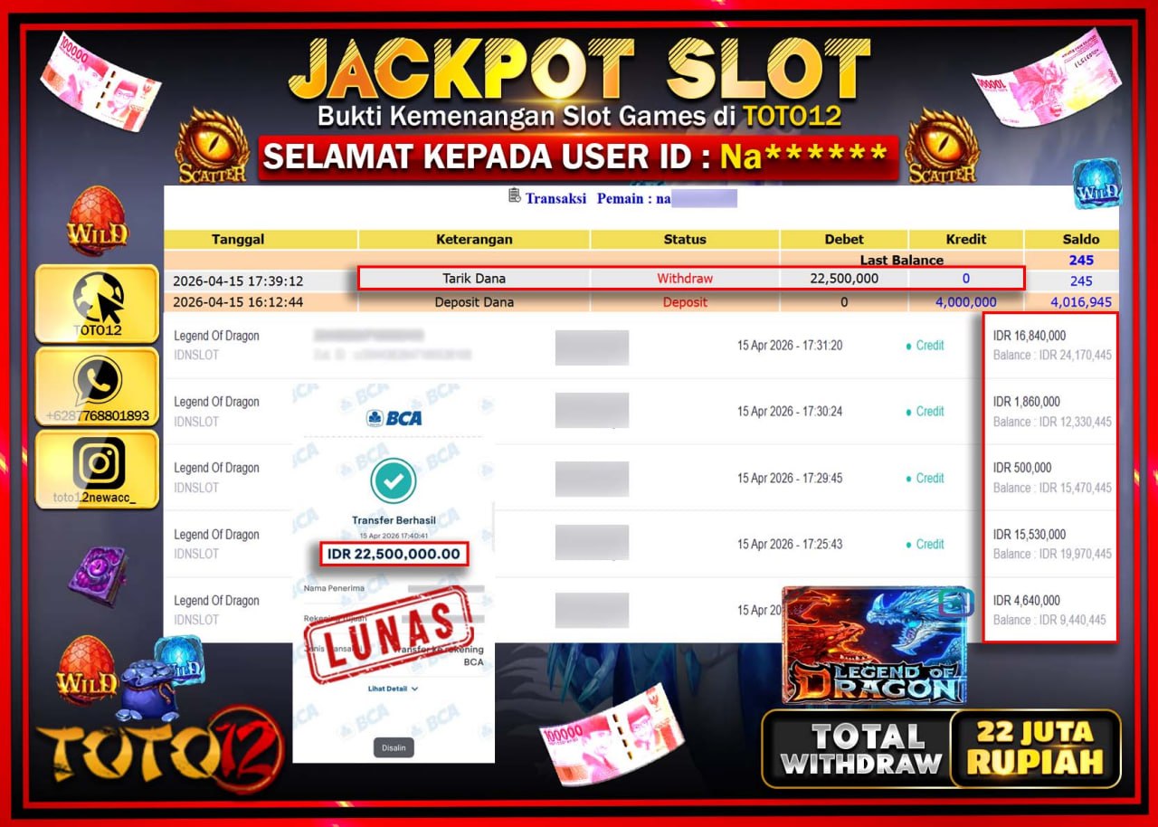HANYA DI TOTO12 JP PASTI DI BAYAR LUNAS DAN CEPAT!!!!!! JACKPOT SLOT GAME (LEGEND OF DRAGON) Rp.22.500.000!!!!