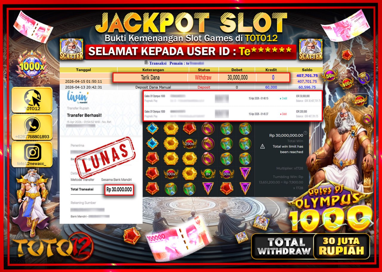 HANYA DI TOTO12 JP PASTI DI BAYAR LUNAS DAN CEPAT!!!!!! JACKPOT SLOT GAME (GATES OF OLYMPUS 1000) Rp.30.000.000!!!!