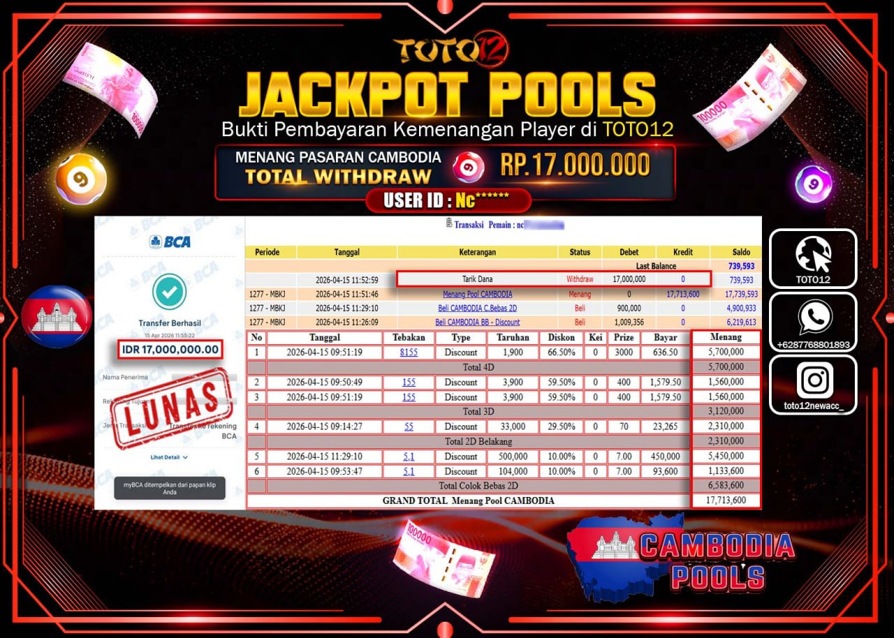 HANYA DI TOTO12 JP PASTI DI BAYAR LUNAS DAN CEPAT!!!!!! JACKPOT POOLS PASARAN( CAMBODIA ) Rp.17.000.000!!!!