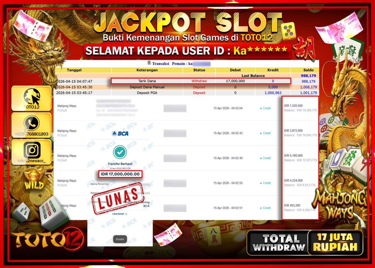 HANYA DI TOTO12 JP PASTI DI BAYAR LUNAS DAN CEPAT!!!!!! JACKPOT SLOT GAME (MAHJONG WAYS) Rp.17.000.000!!!!