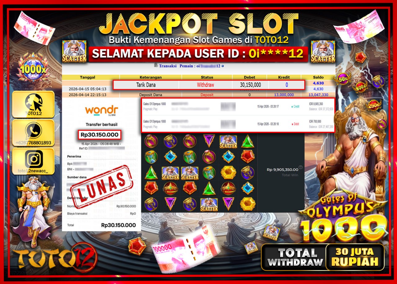 HANYA DI TOTO12 JP PASTI DI BAYAR LUNAS DAN CEPAT!!!!!! JACKPOT SLOT GAME (GATES OF OLYMPUS 1000) Rp.30.150.000!!!!