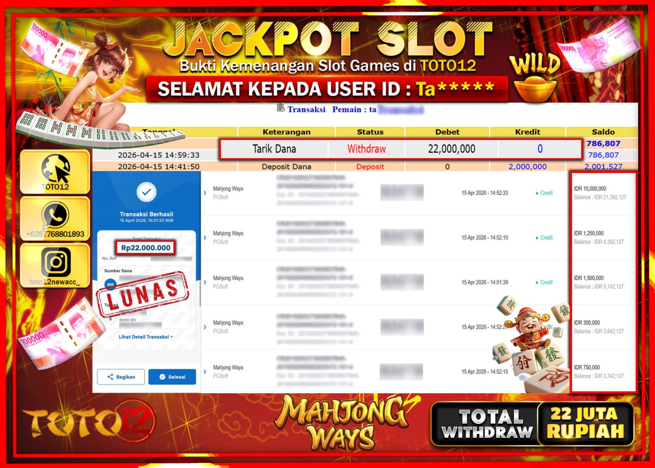 HANYA DI TOTO12 JP PASTI DI BAYAR LUNAS DAN CEPAT!!!!!! JACKPOT SLOT GAME (MAHJONG WAYS) Rp.22.000.000!!!!