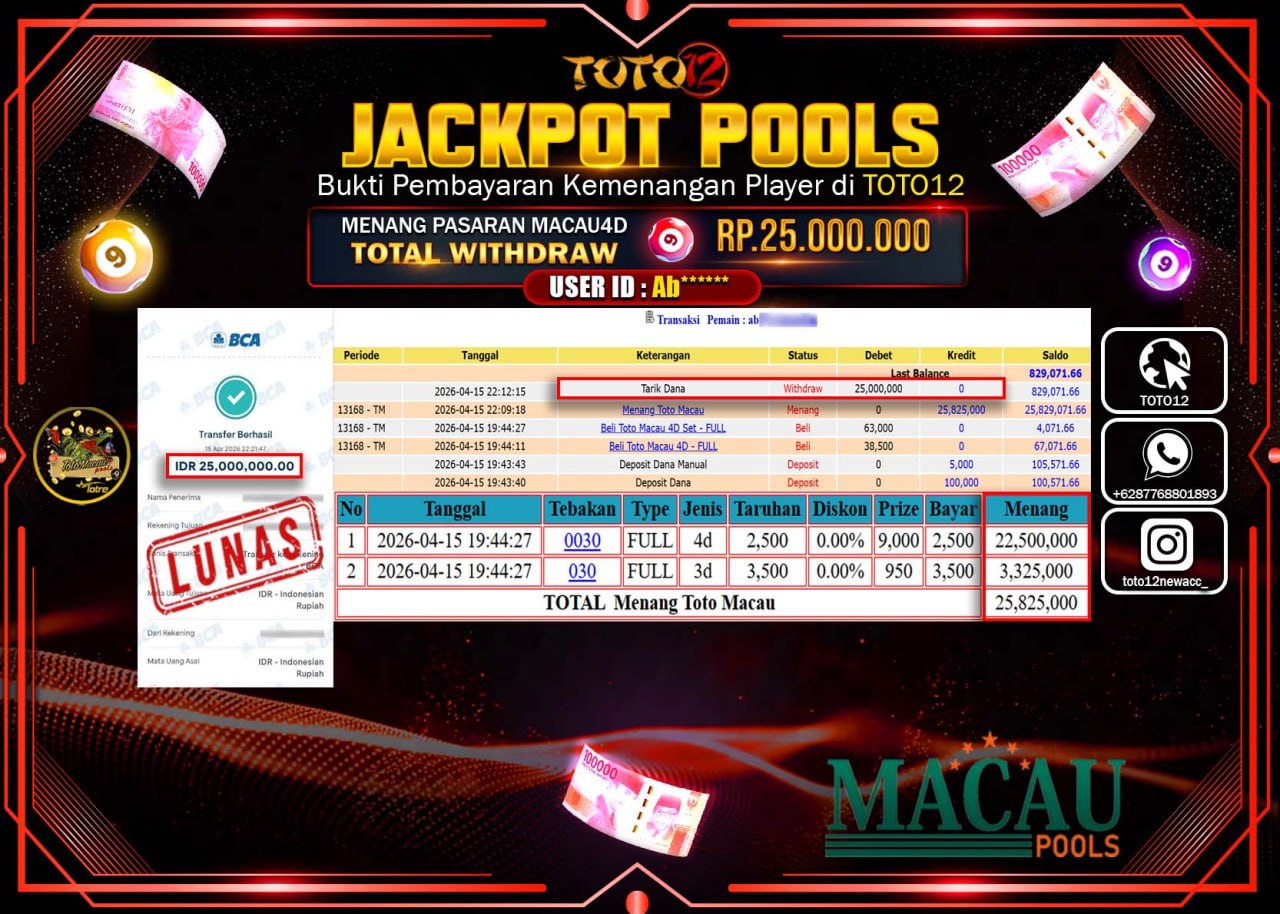 HANYA DI TOTO12 JP PASTI DI BAYAR LUNAS DAN CEPAT!!!!!! JACKPOT POOLS PASARAN(MACAU 4D) Rp.25.000.000!!!!
