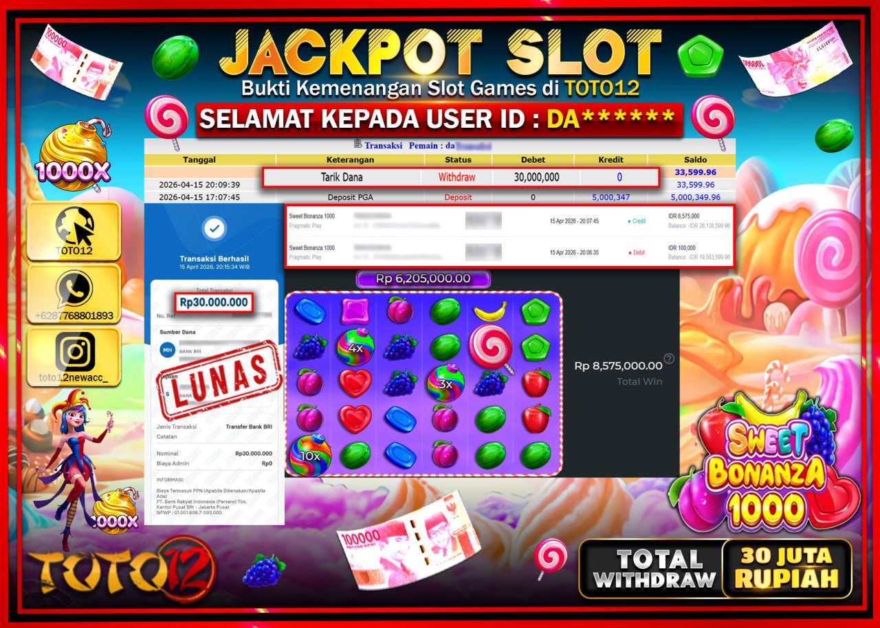 HANYA DI TOTO12 JP PASTI DI BAYAR LUNAS DAN CEPAT!!!!!! JACKPOT SLOT GAME (SWEET BONANZA 1000) Rp.30.000.000!!!!