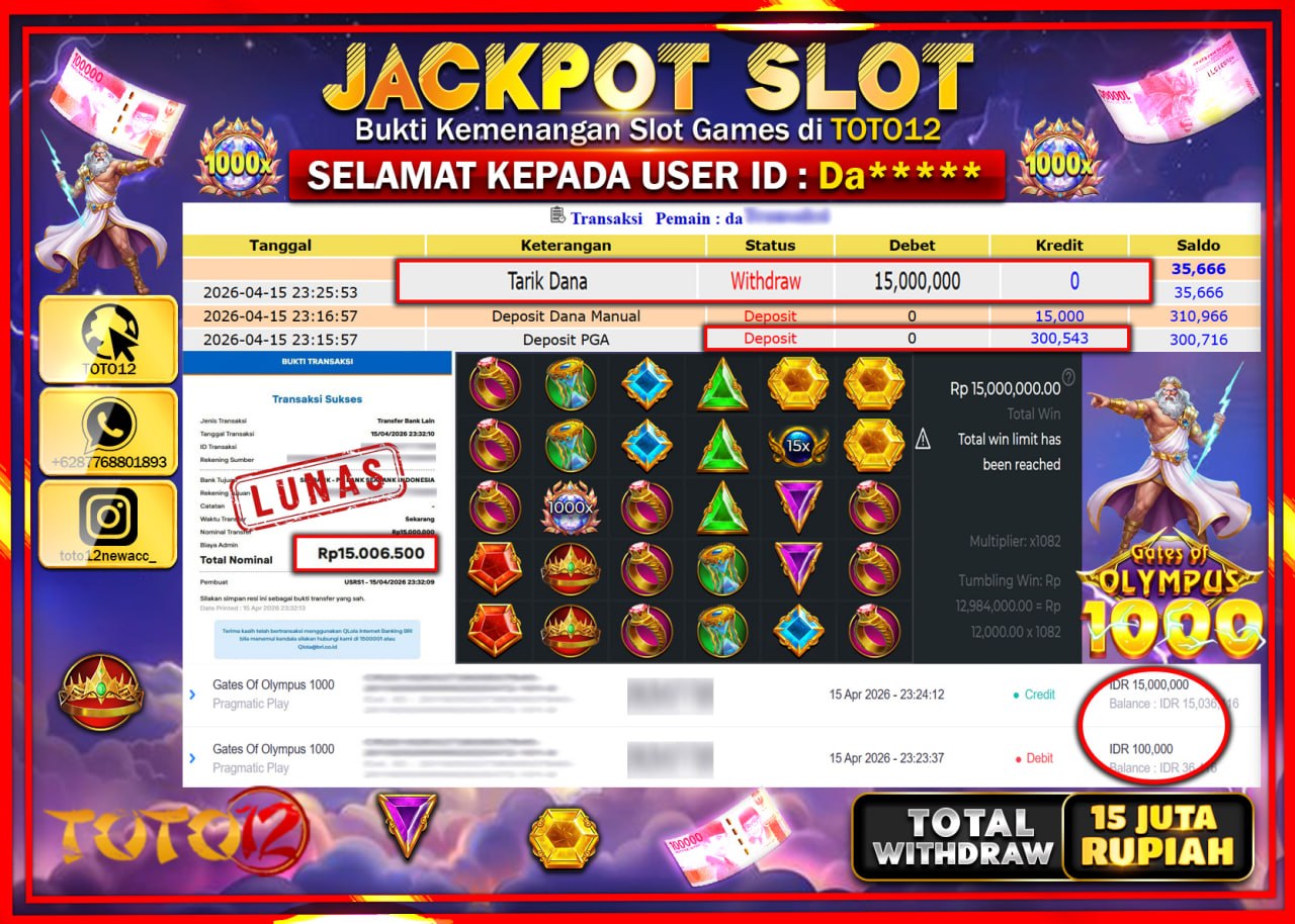 HANYA DI TOTO12 JP PASTI DI BAYAR LUNAS DAN CEPAT!!!!!! JACKPOT SLOT GAME (GATES OF OLYMPUS 1000) Rp.15.000.000!!!!