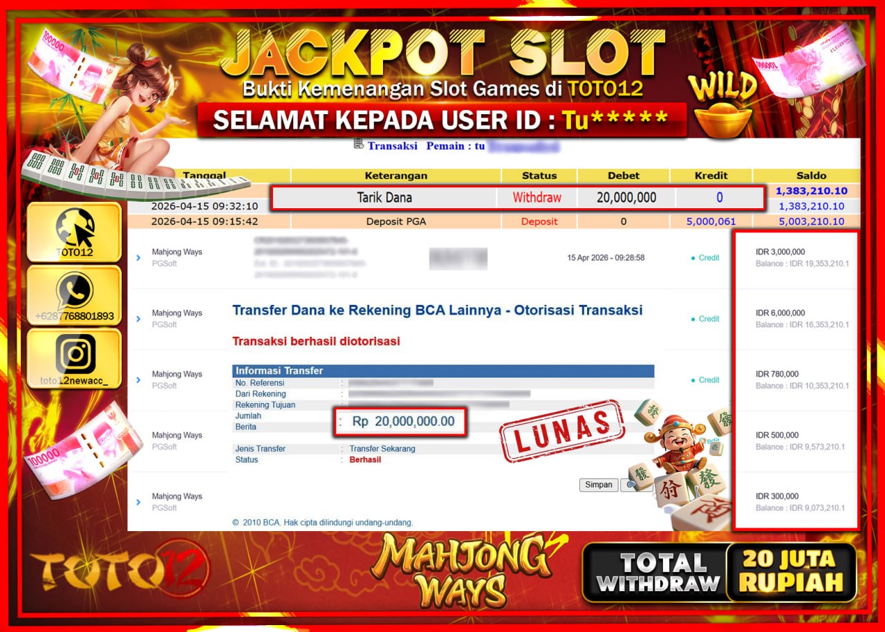 HANYA DI TOTO12 JP PASTI DI BAYAR LUNAS DAN CEPAT!!!!!! JACKPOT SLOT GAME (MAHJONG WAYS) Rp.20.000.000!!!!