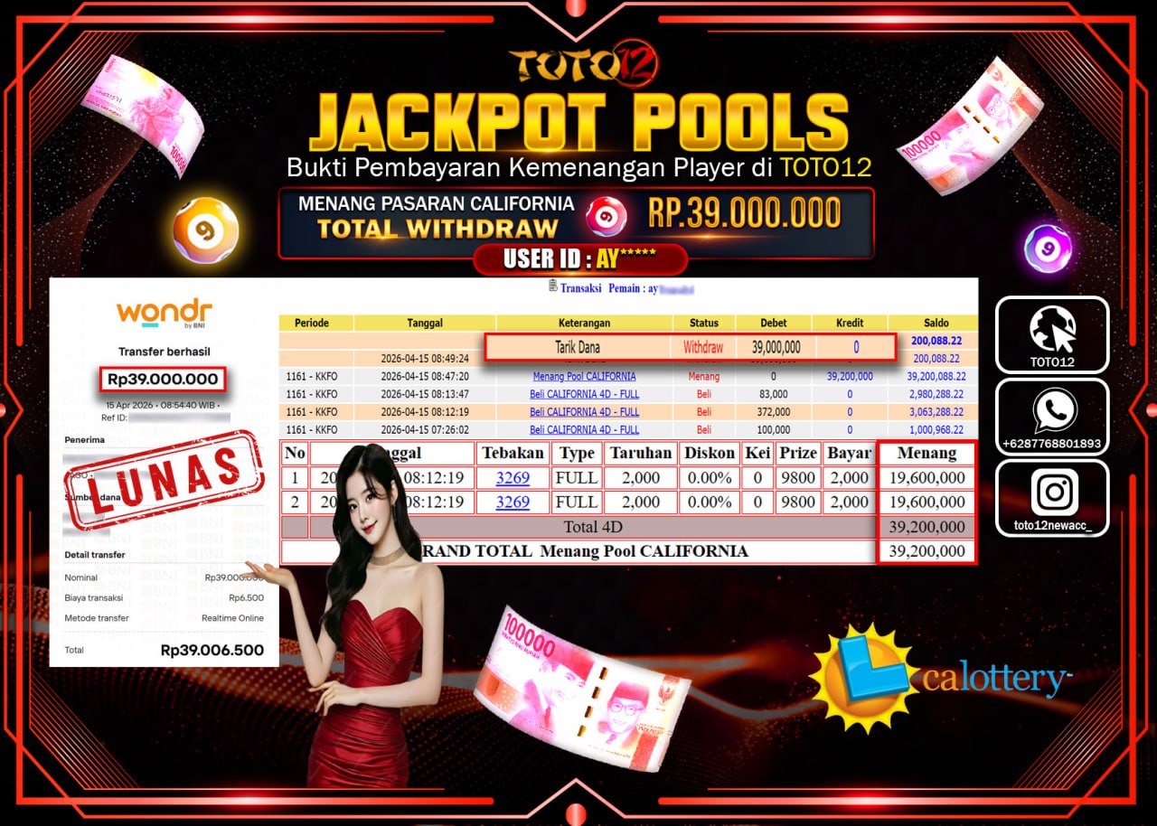HANYA DI TOTO12 JP PASTI DI BAYAR LUNAS DAN CEPAT!!!!!! JACKPOT POOLS PASARAN( CALIFORNIA ) Rp.39.000.000!!!!