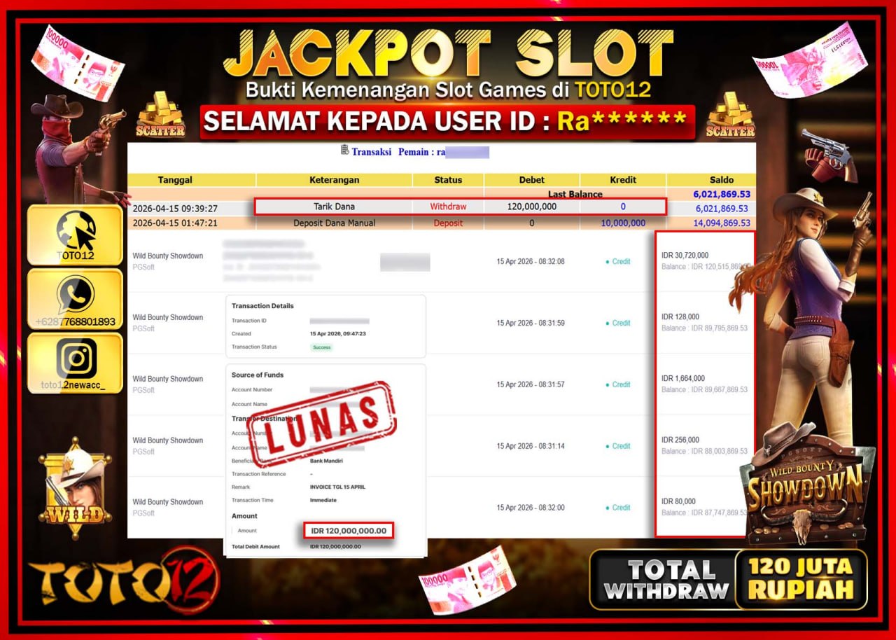 HANYA DI TOTO12 JP PASTI DI BAYAR LUNAS DAN CEPAT!!!!!! JACKPOT SLOT GAME (WILD BOUNTY SHOWDOWN) Rp.120.000.000!!!!